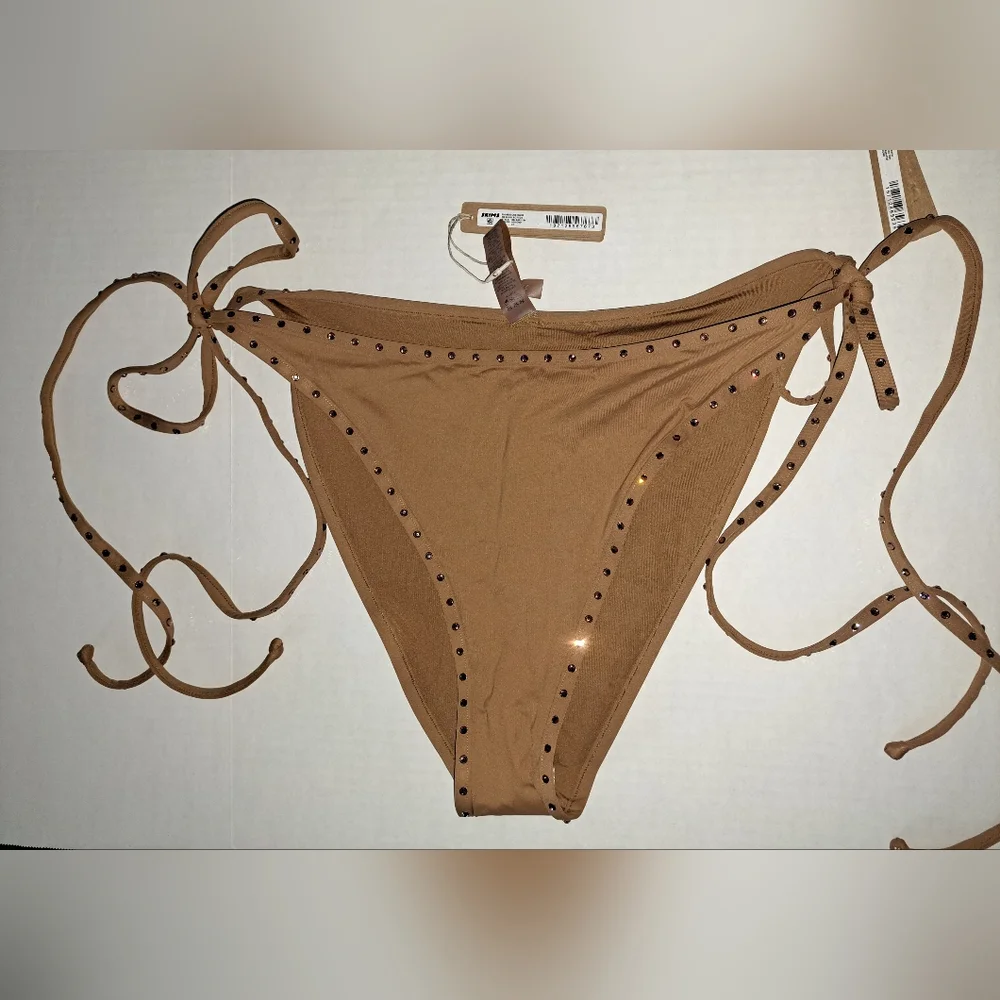 ❤️NWT SKIMS 2 Piece Rhinestone Swim Bandeau Top tie String Bikini Nude ALMOND 3X